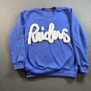 Vango Riders Chenille Script Sweatshirt Blue White Women’s Small Crewneck